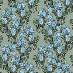 Seamless pattern with flowers irises and roses
