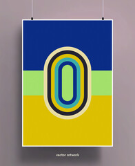 Vintage poster design background. Geometric colorful shapes and lines in pastel palette with grainy texture. Vector illustration.