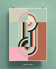Vintage poster design background. Geometric colorful shapes and lines in pastel palette with grainy texture. Vector illustration.