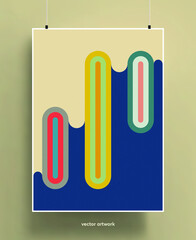 Vintage poster design background. Geometric colorful shapes and lines in pastel palette with grainy texture. Vector illustration.