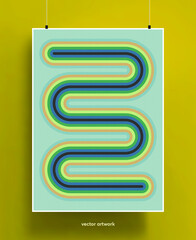 Vintage poster design background. Geometric colorful shapes and lines in pastel palette with grainy texture. Vector illustration.