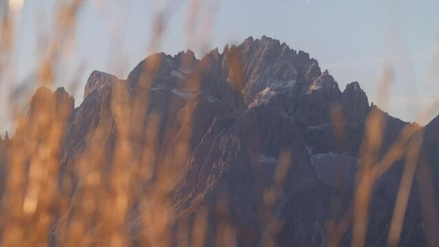 Waving grass out of focus and giant Croda Rossa di Sesto Peak in background - Trentino Alto Adige,Italy