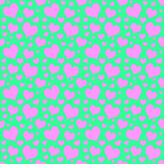 Seamless pink cute heart pattern on green background.
