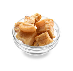 Bowl with tasty cracklings on white background