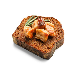 Bread with tasty cracklings on white background