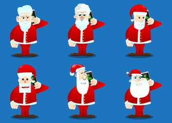 Santa Claus in his red clothes with white beard talking on cell phone. Vector cartoon character illustration.