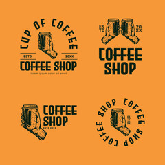 Coffee shop logo vintage retro style with hand gesture and cup of coffee vector