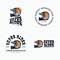 vintage logo design for biker motocross motorcycle extreme race with classic helmet illustration vector