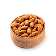 Almonds in a wooden cup. White background