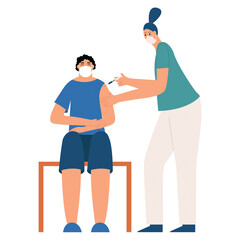 A nurse administers a coronavirus vaccine to a teenager. Vector illustration in flat style