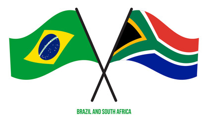 Brazil and South Africa Flags Crossed And Waving Flat Style. Official Proportion. Correct Colors.