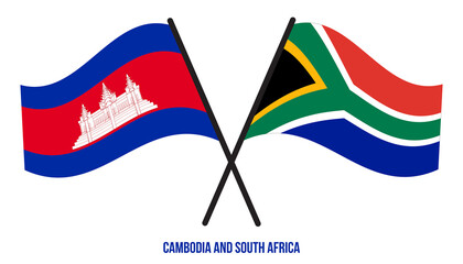 Cambodia and South Africa Flags Crossed And Waving Flat Style. Official Proportion. Correct Colors.