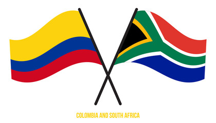 Colombia and South Africa Flags Crossed And Waving Flat Style. Official Proportion. Correct Colors.