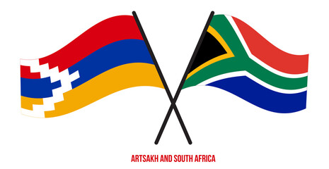 Artsakh and South Africa Flags Crossed And Waving Flat Style. Official Proportion. Correct Colors.