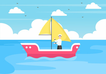 Cartoon Sailing Boat with Sea or Lake View Background Vector Illustration. Summer Time for Leisure, Sports Activity and Recreation Outdoors Lifestyle
