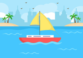 Cartoon Sailing Boat with Sea or Lake View Background Vector Illustration. Summer Time for Leisure, Sports Activity and Recreation Outdoors Lifestyle