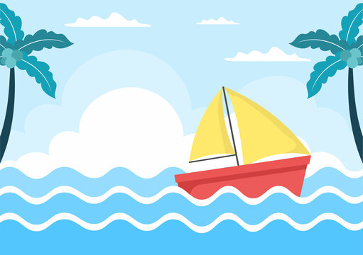 Cartoon Sailing Boat with Sea or Lake View Background Vector Illustration. Summer Time for Leisure, Sports Activity and Recreation Outdoors Lifestyle
