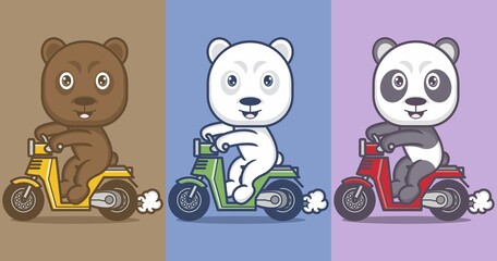 Polar bear and cute cartoon panda riding motorbike. illustration for mascot logo or sticker