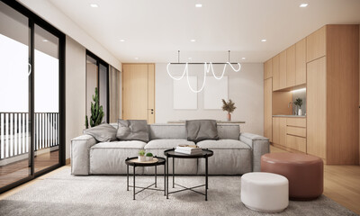 Naklejka na ściany i meble Japandi style living room interior design with gray sofa and wooden furniture and sunlight from window, apartment 3d rendering 