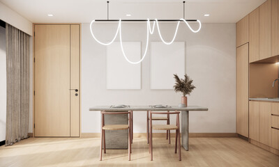 dining room design with blank picture frames on the wall, japandi modern scandinavian apartment concept 3d background © CREATIVE WONDER