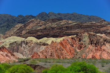 The multi-colored mountains of the Quebrada de Cafayate, or Quebrada de Las Conchas, Cafayate, Salta Province, Northwest Argentina