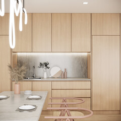 japandi modern scandinavian apartment concept, interior design with kitchen and dining room, 3d background	