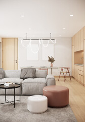 Japandi style living room interior design and sunlight from window, apartment 3d rendering 