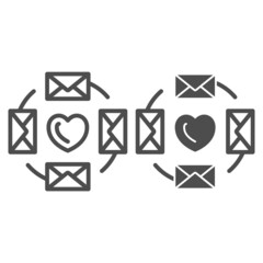 Love letters, envelopes around the heart line and solid icon, dating concept, romantic message vector sign on white background, outline style icon for mobile concept and web design. Vector graphics.
