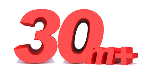 30 million followers thank you 3d word on white background. 3d illustration for Social Network friends or followers, like