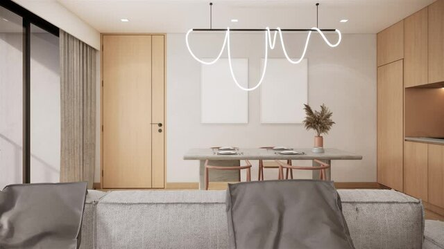 interior of japandi modern room with furniture. contemporary apartment style. zoom out shot video 4k animation	