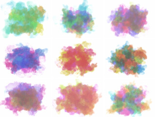 Big bundle set of aquarelle design  watercolor brush elements. Collection of stains hand painted with watercolor isolated on white background. Bundle of paint blots of different shape and color. 
