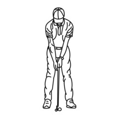 Fototapeta na wymiar black line illustration a caucasian male golfer playing golf