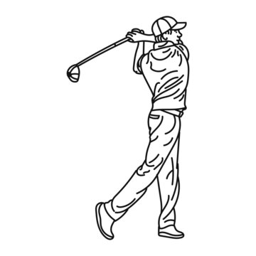 black line illustration a caucasian male golfer playing golf