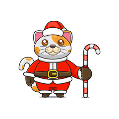 cute cat ​​wearing santa costume holding candy cane for christmas