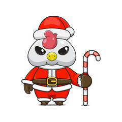 cute chicken ​​wearing santa costume holding candy cane for christmas