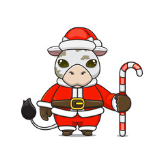 cute cow ​​wearing santa costume holding candy cane for christmas