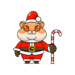 cute hamster ​​wearing santa costume holding candy cane for christmas