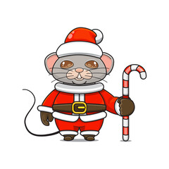 cute mouse ​​wearing santa costume holding candy cane for christmas