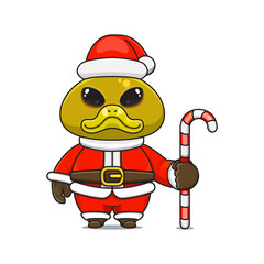 cute duck ​​wearing santa costume holding candy cane for christmas