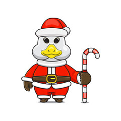 cute goose ​​wearing santa costume holding candy cane for christmas