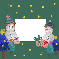 Green Christmas card with snowman