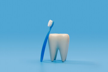 big tooth and blue toothbrush for kids isolated on a blue background with copy space, dental care concept.