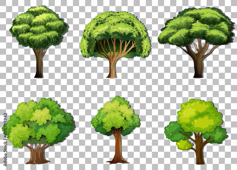 Sticker set of variety trees on transparent background