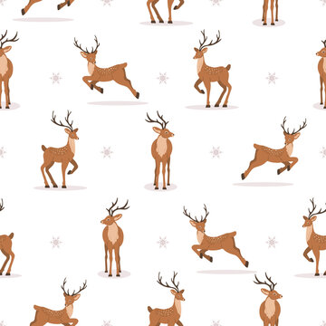Cute seamless pattern with noble sika deer. Reindeers with antlers in different poses. Ruminant mammal animal. Vector illustration in flat cartoon style.