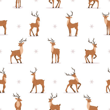 Cute seamless pattern with noble sika deer. Reindeers with antlers in different poses. Ruminant mammal animal. Vector illustration in flat cartoon style.