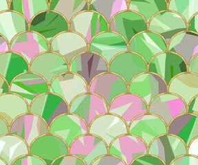 Fototapeta na wymiar Arcs seamless pattern. Mosaic, inlay. Illustration in stained glass style. Art Deco style. Seamless chaotic pattern for wallpapers, textile print, tile. Decorative gold waves. Oriental pattern.