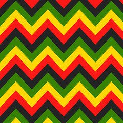 Jamaican color zigzag seamless pattern. Chevron Rastafarian on classic rasta reggae colors background. Vector illustration wallpaper. - obrazy, fototapety, plakaty