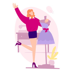 Woman stands with a mannequin, fashion designer