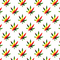 Colorful cannabis leaf seamless pattern on white background. Marijuana leaves Rasta color wallpaper. Vector illustration.