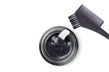 Charcoal clay cream or black volcanic cosmetic care creamin glass jar with comb isolated on white background. Top view. Flat lay.